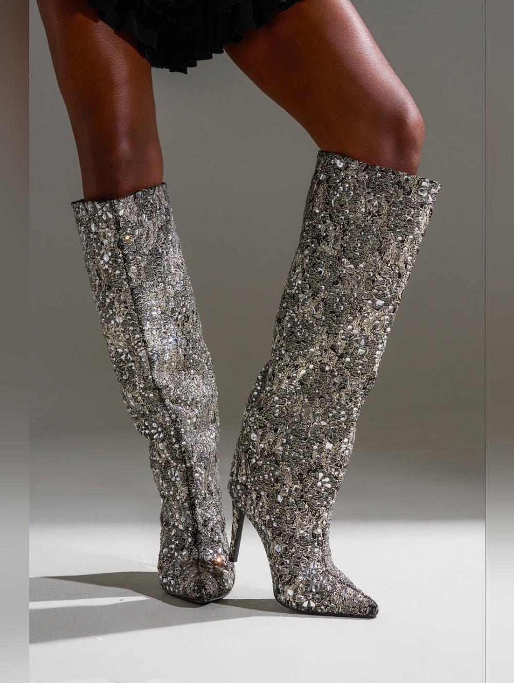 AZALEA WANG® Rhinestone-Embellished Metallic Gold/Black Knee-High Stiletto Boots